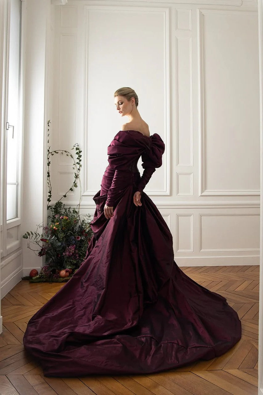 Strapless Plunge Corset Gown with Opera Sleeves