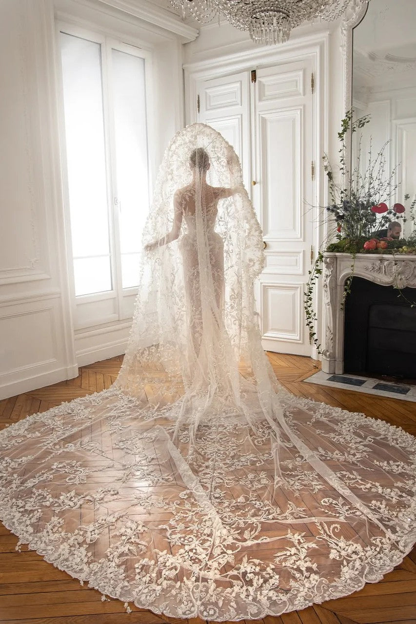 Floral Lace Bridal Gown with Structured Veil