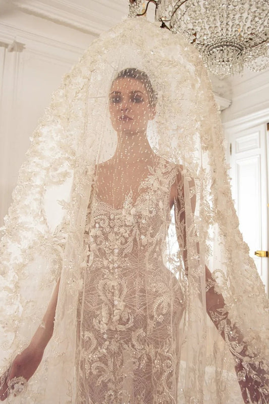 Floral Lace Bridal Gown with Structured Veil