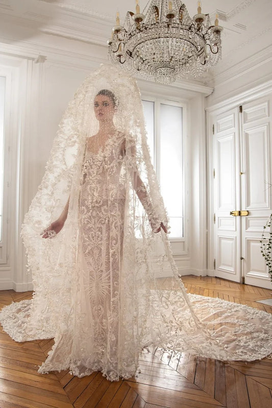 Floral Lace Bridal Gown with Structured Veil