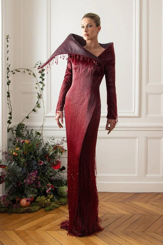 Long Sleeve Fringe Gown