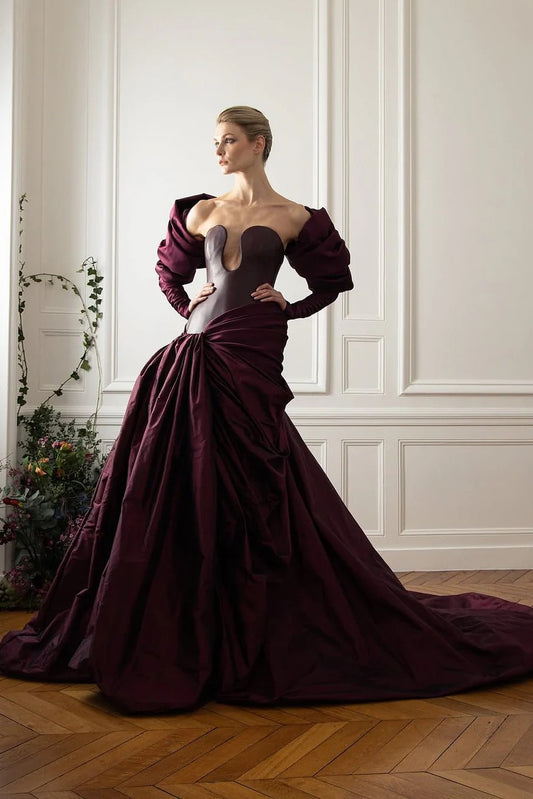 Strapless Plunge Corset Gown with Opera Sleeves