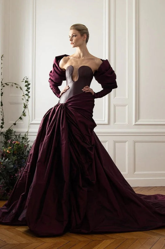Strapless Plunge Corset Gown with Opera Sleeves
