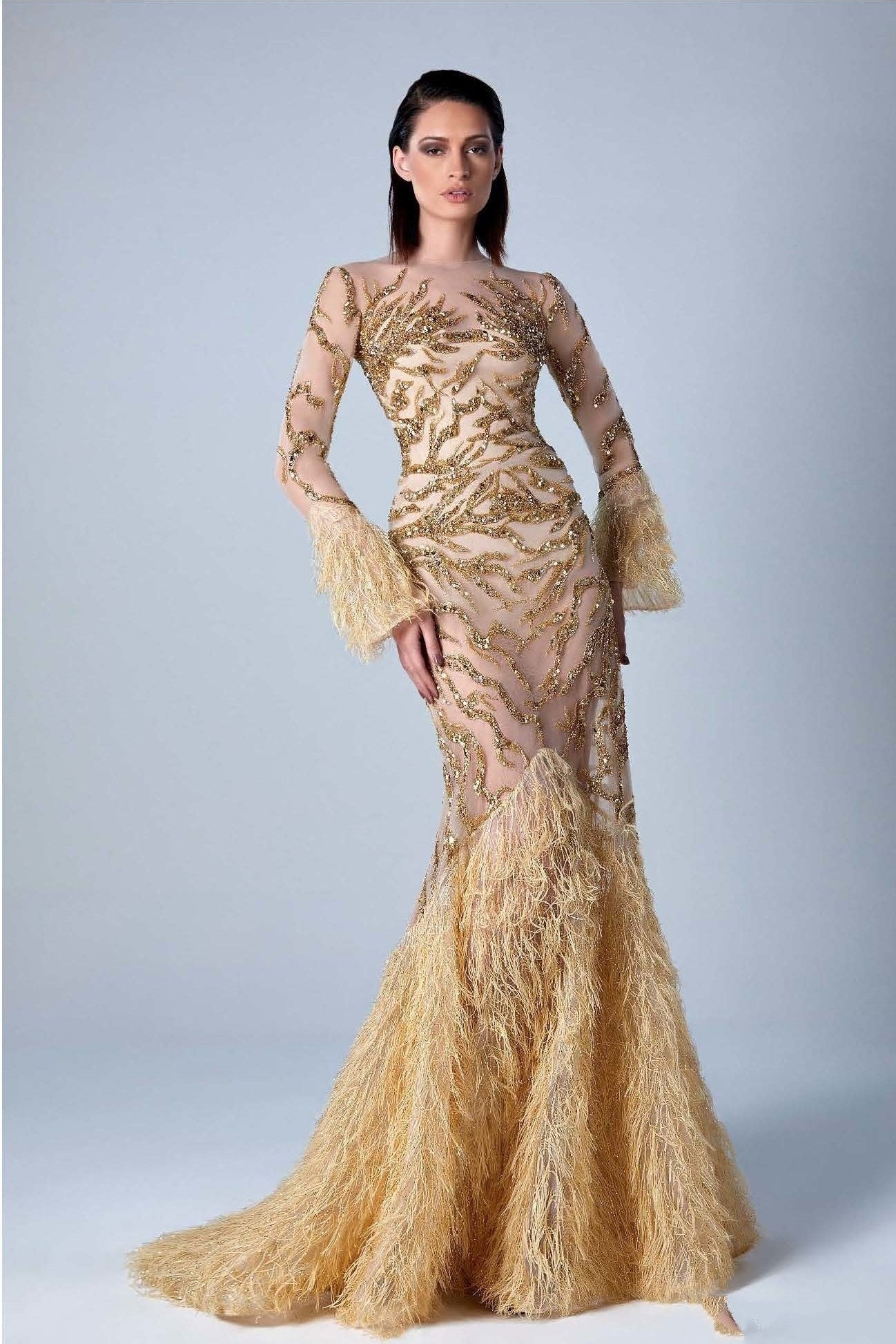 Gold Embroidered Long Sleeve Gown