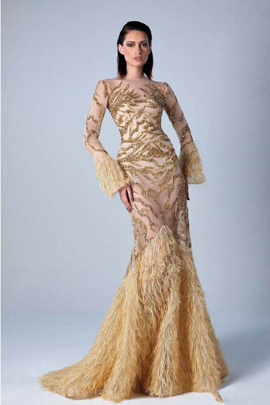 Gold Embroidered Long Sleeve Gown