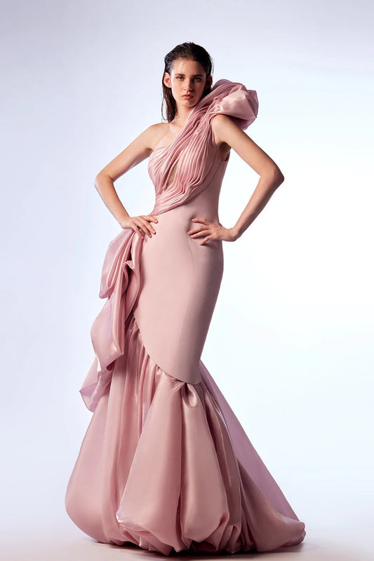 One-Shoulder Ruched Bodice Gown
