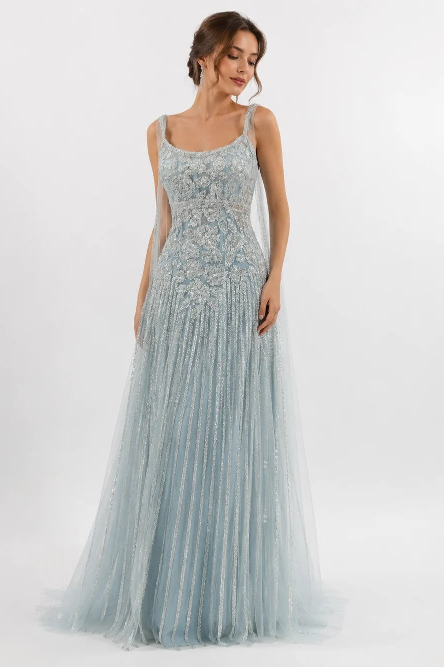 Tulle Sleeveless Gown with Flowing Shoulder Trail