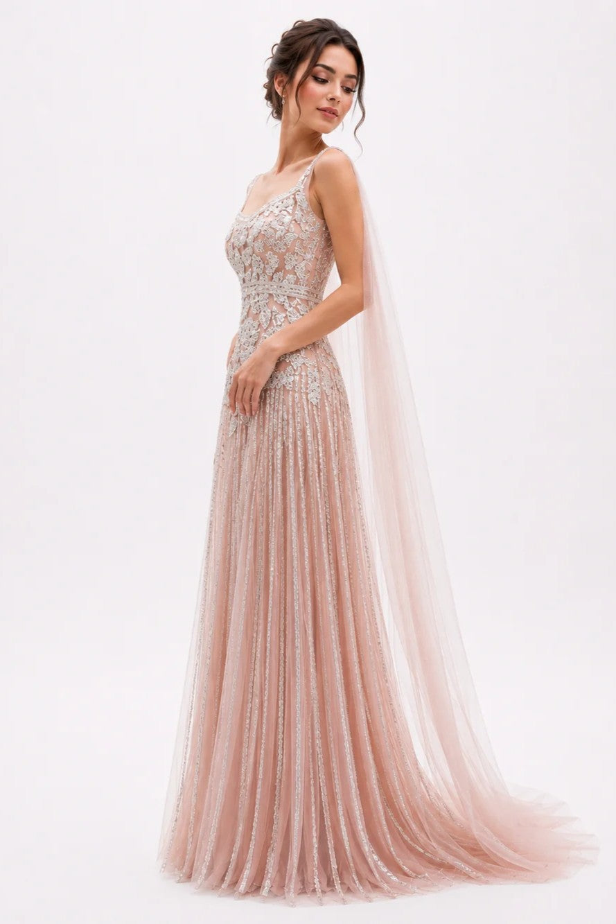 Tulle Sleeveless Gown with Flowing Shoulder Trail