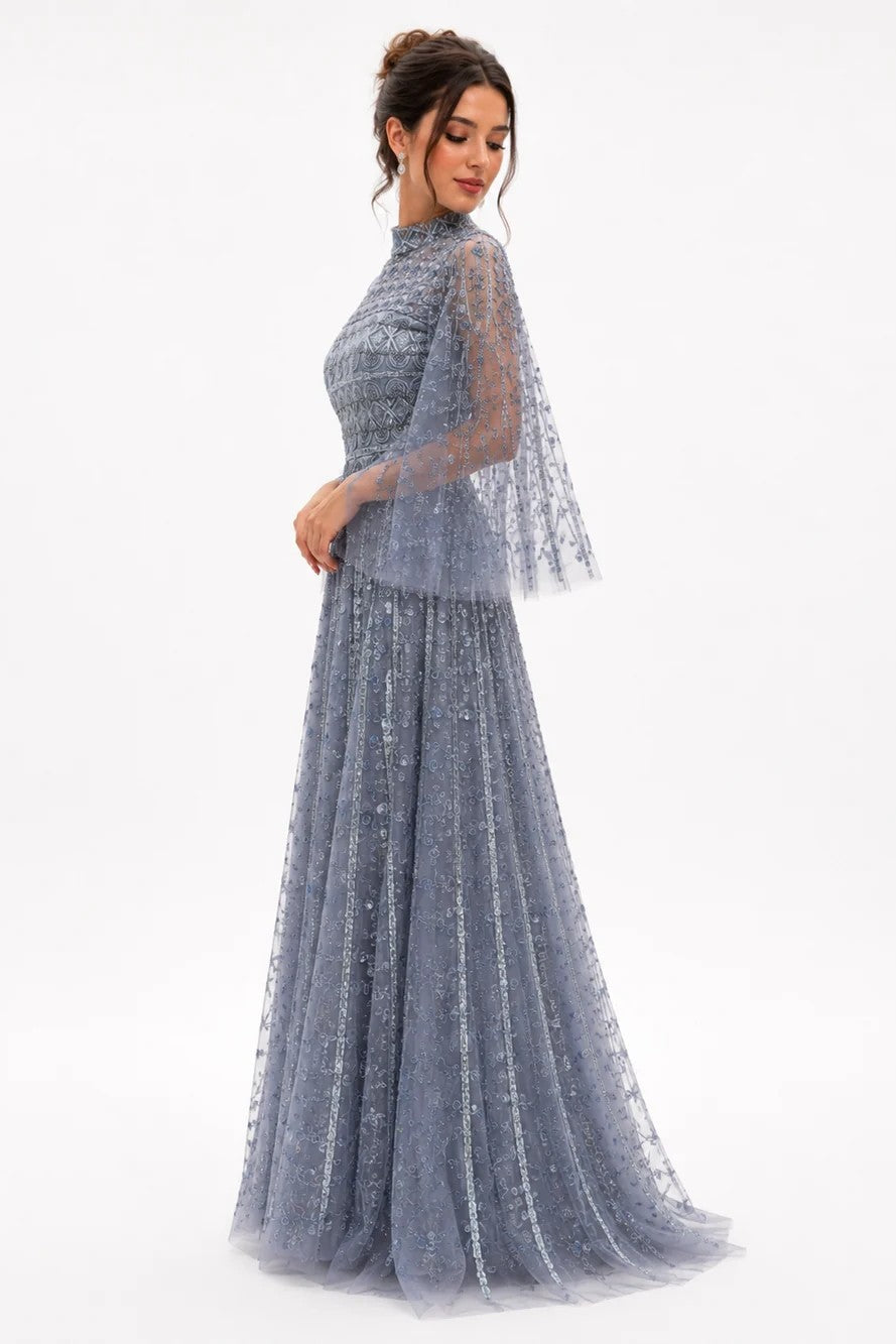 Flowy Embroidered Tulle Gown with Wide Sleeves