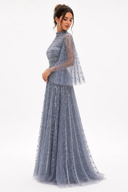 Flowy Embroidered Tulle Gown with Wide Sleeves