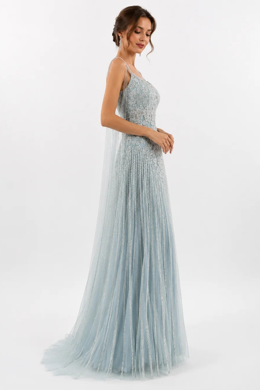 Tulle Sleeveless Gown with Flowing Shoulder Trail