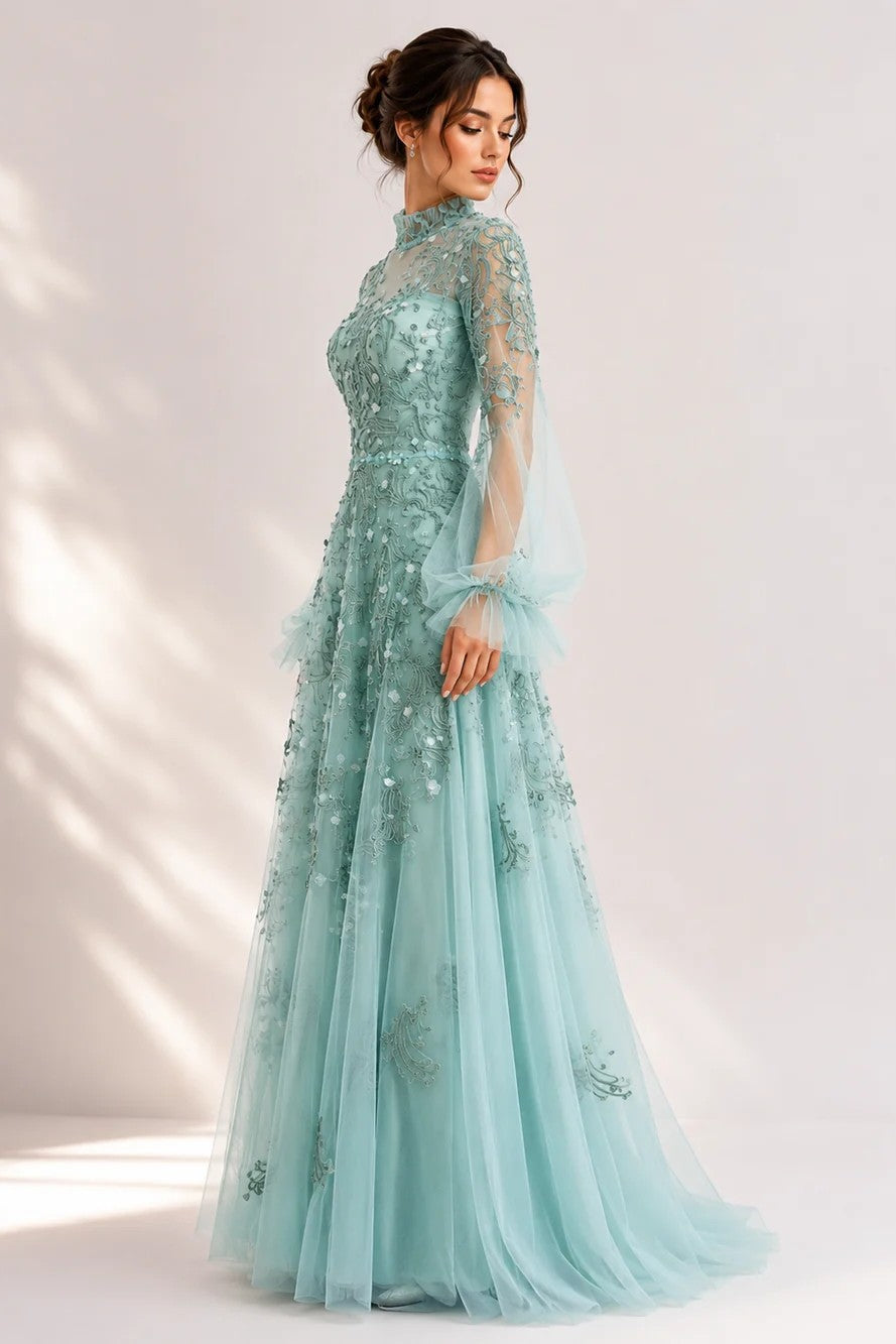 Tulle High-Neck Embroidered Gown