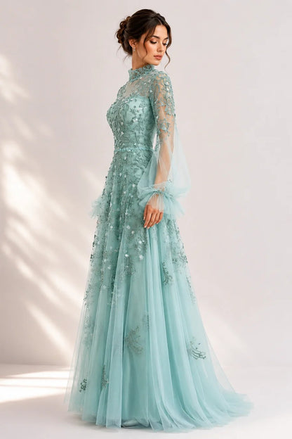 Tulle High-Neck Embroidered Gown