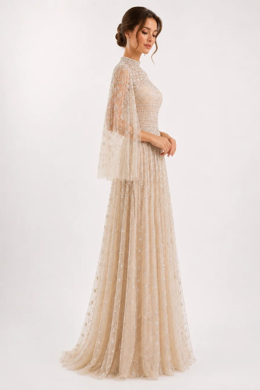 Flowy Embroidered Tulle Gown with Wide Sleeves
