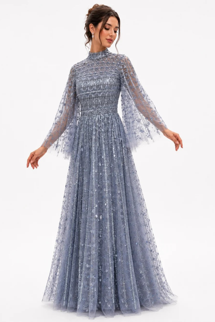Flowy Embroidered Tulle Gown with Wide Sleeves