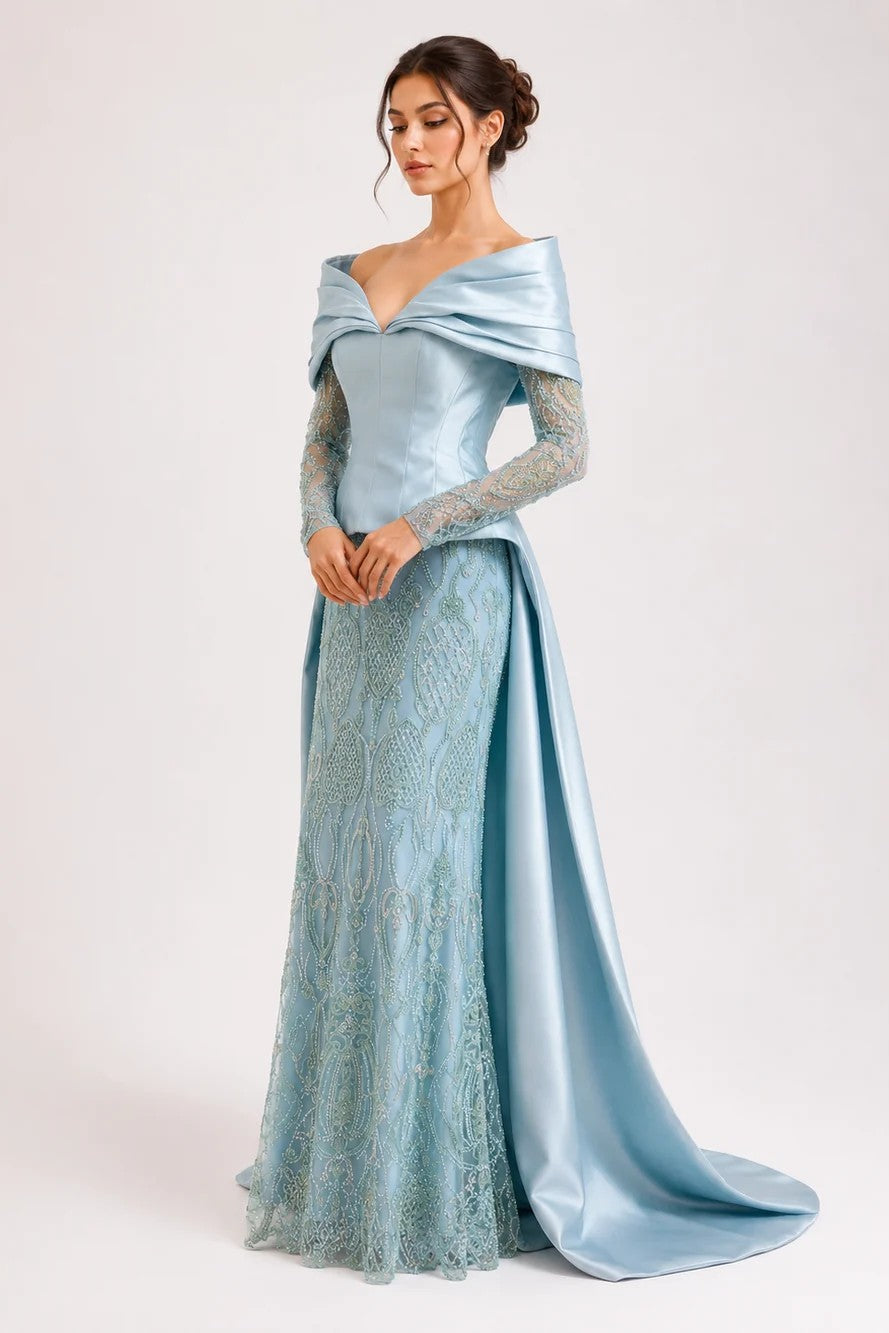 Mikado Off-Shoulder Gown with Embroidered Sleeves