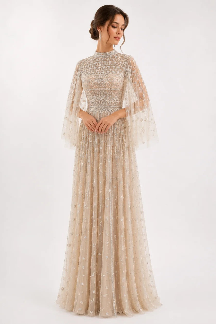 Flowy Embroidered Tulle Gown with Wide Sleeves