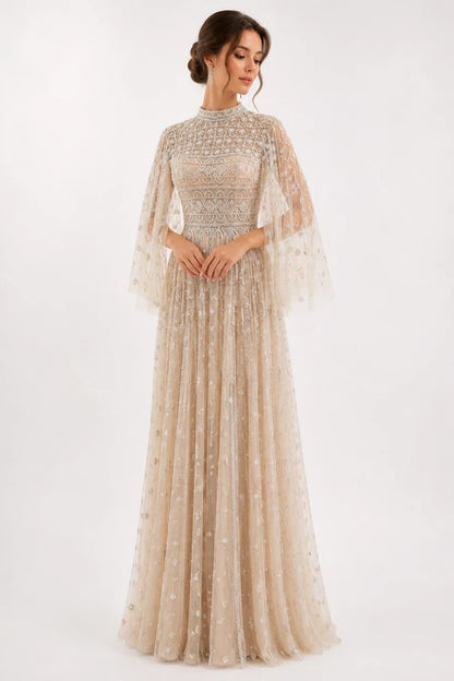 Flowy Embroidered Tulle Gown with Wide Sleeves