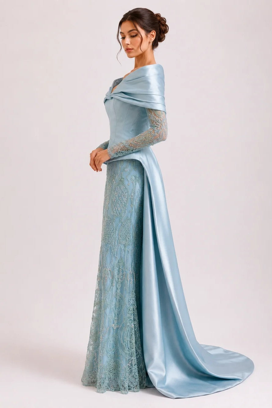 Mikado Off-Shoulder Gown with Embroidered Sleeves