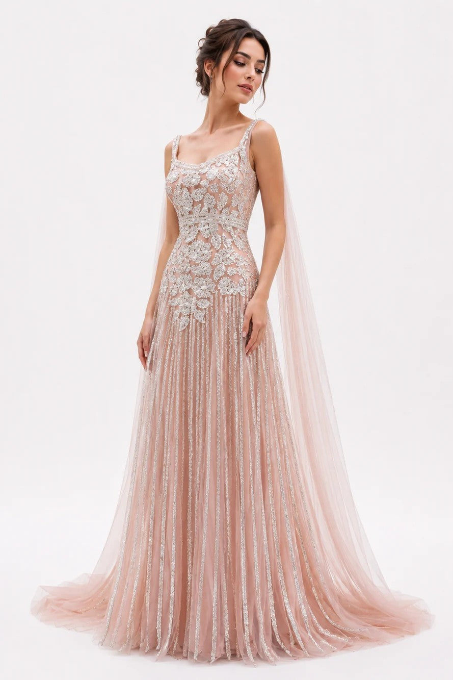 Tulle Sleeveless Gown with Flowing Shoulder Trail