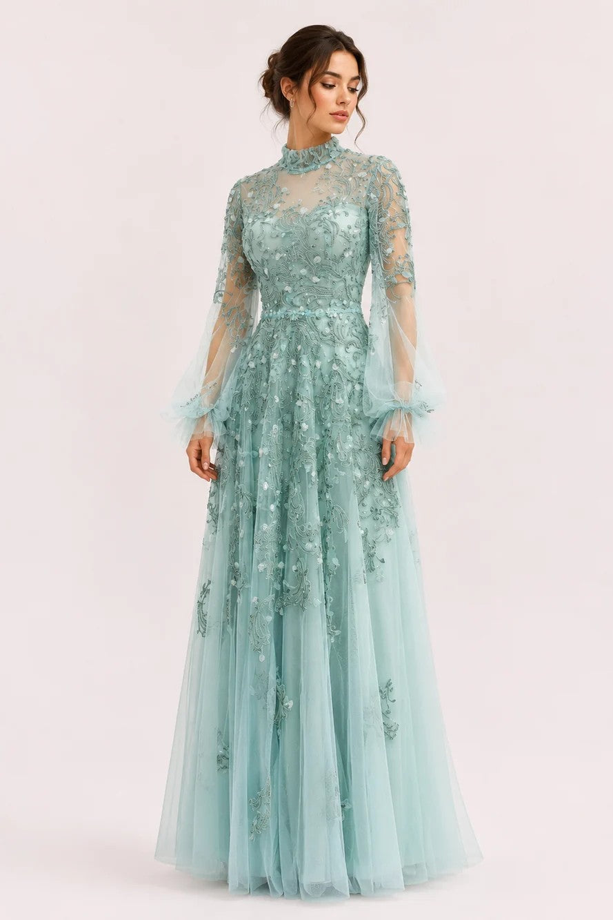 Tulle High-Neck Embroidered Gown