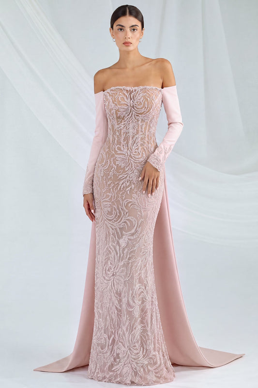 Off-Shoulder Beaded Cape Gown