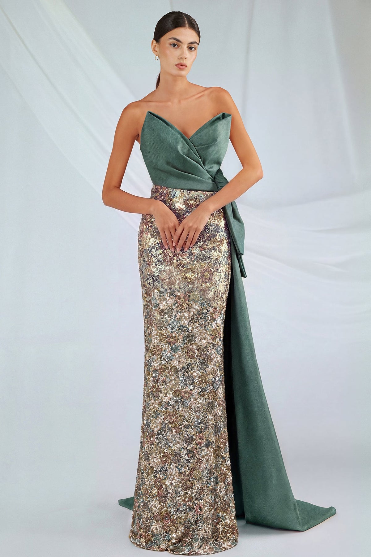 Satin-Train Floral Sequin Gown