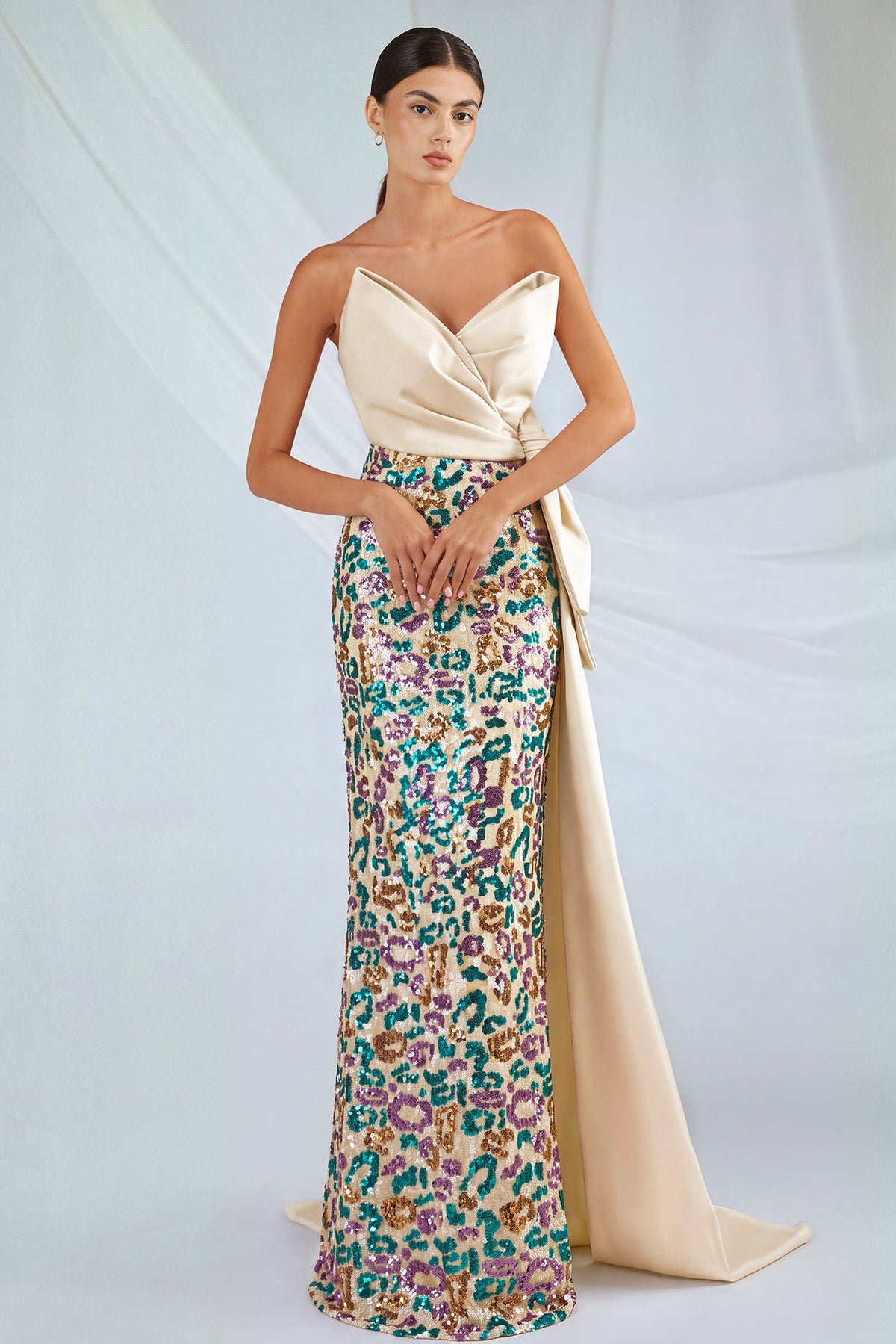 Satin-Bodice Sequin Bow Gown