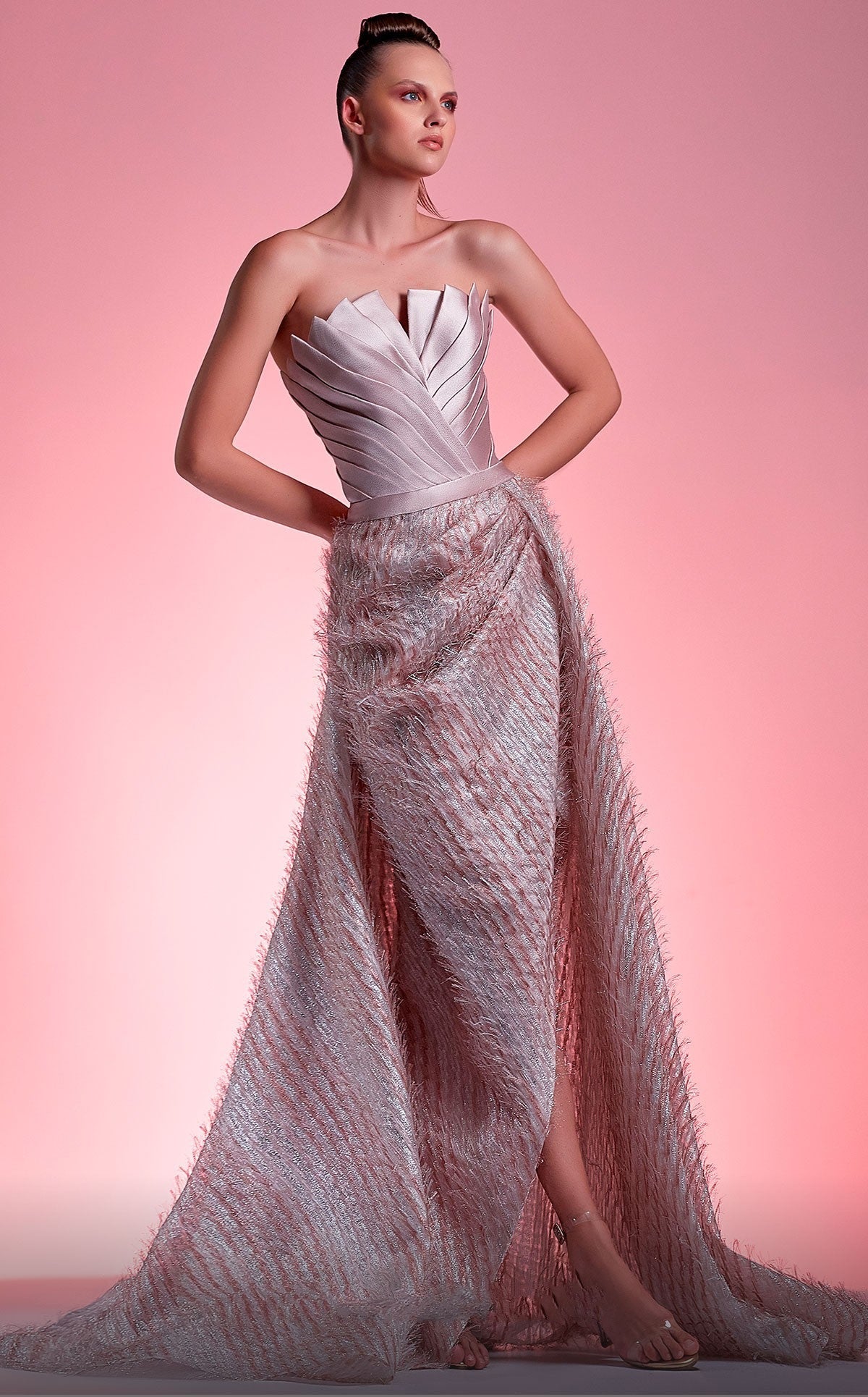 Frayed Skirt Strapless Gown