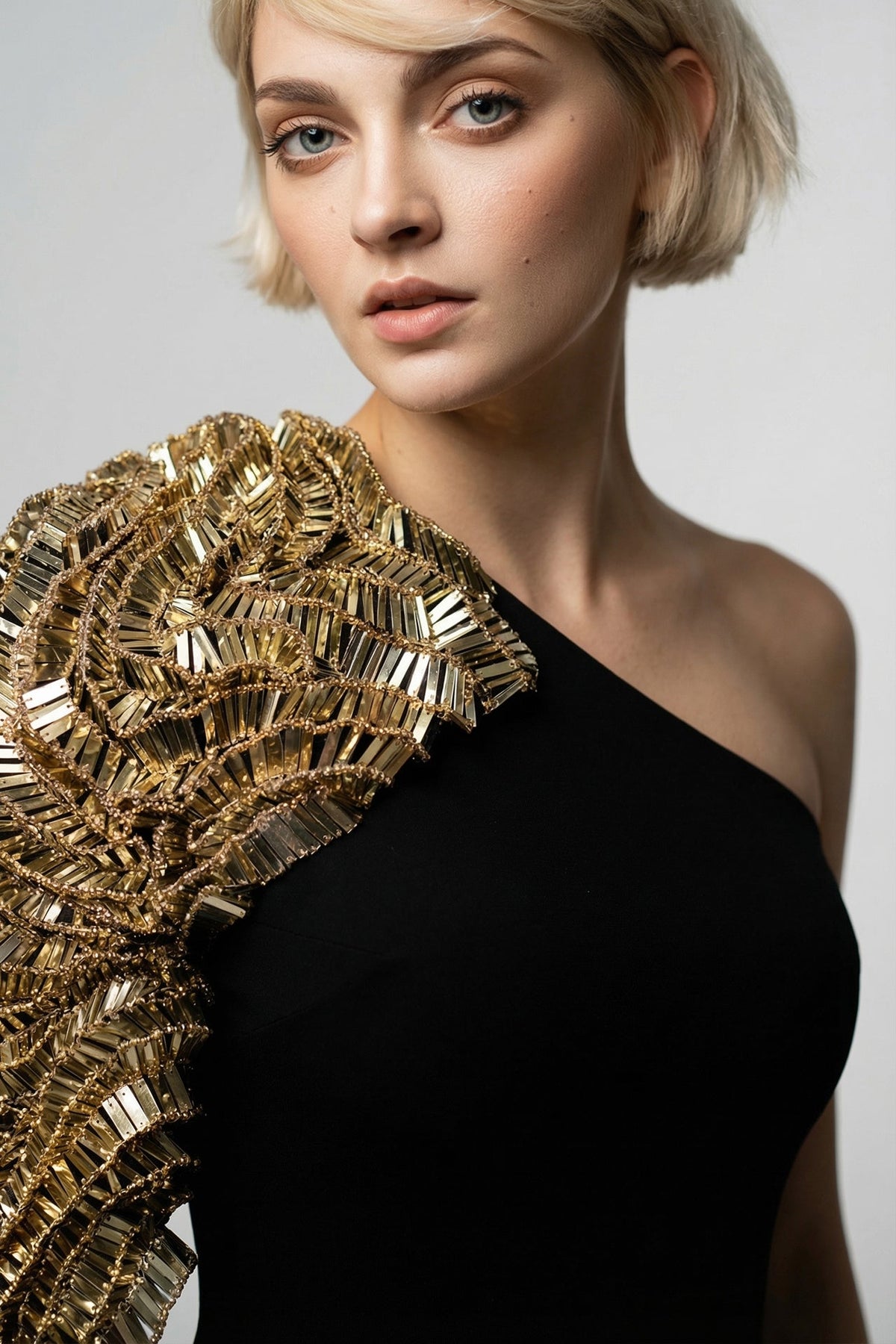 One-Shoulder Beaded-Sleeve Cape Gown