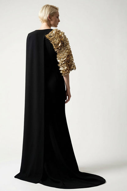 One-Shoulder Beaded-Sleeve Cape Gown