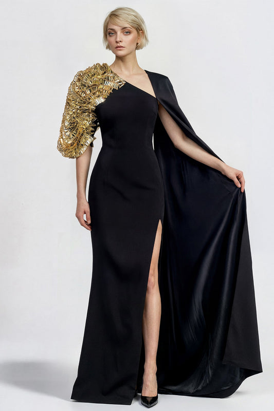 One-Shoulder Beaded-Sleeve Cape Gown