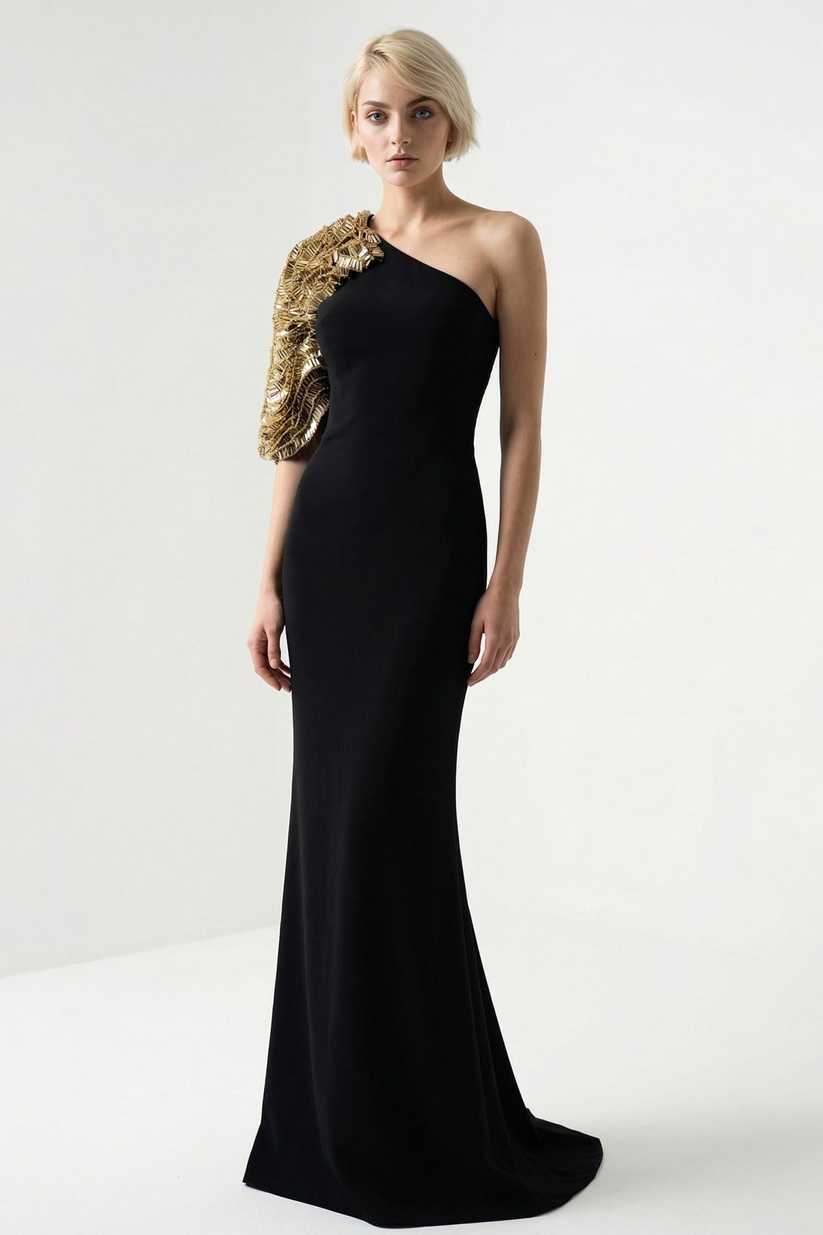 One-Shoulder Beaded-Sleeve Cape Gown
