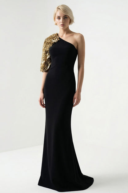 One-Shoulder Beaded-Sleeve Cape Gown