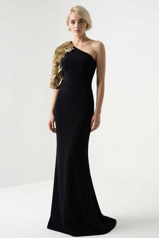 One-Shoulder Beaded-Sleeve Cape Gown