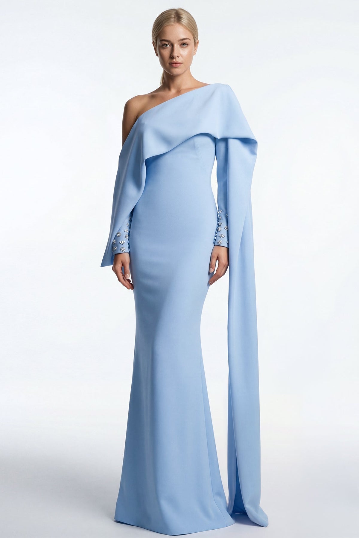 One-Shoulder Draped Cape Gown