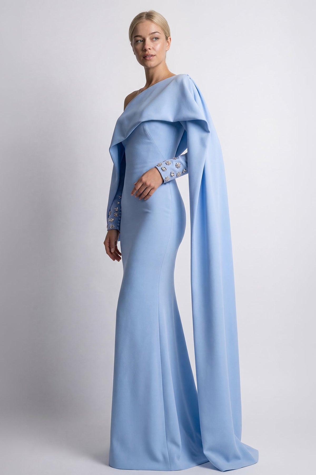 One-Shoulder Draped Cape Gown