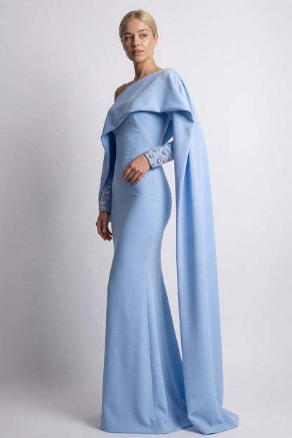 One-Shoulder Draped Cape Gown