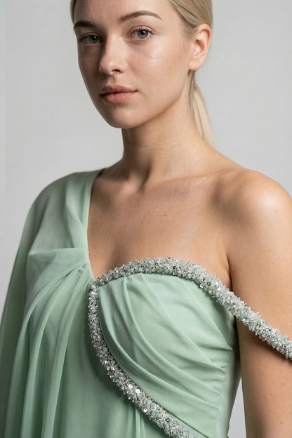 One-Shoulder Beaded Drape Gown