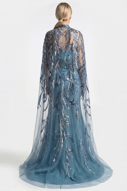High-Neck Embroidered Cape Gown