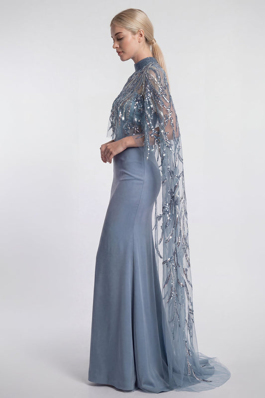 High-Neck Embroidered Cape Gown