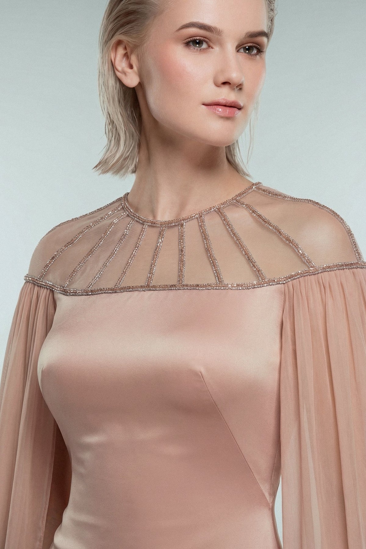 Beaded Illusion Satin Gown