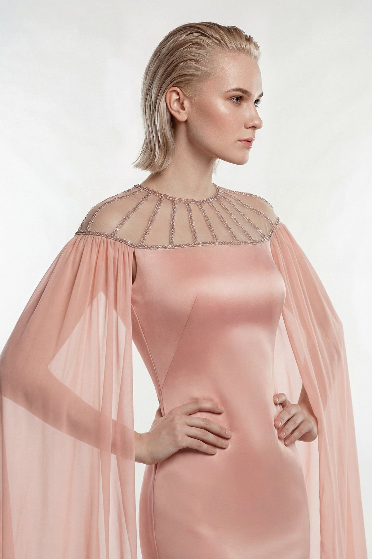 Beaded Illusion Satin Gown