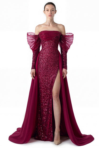 Off-Shoulder Sequin Bow-Sleeve Gown