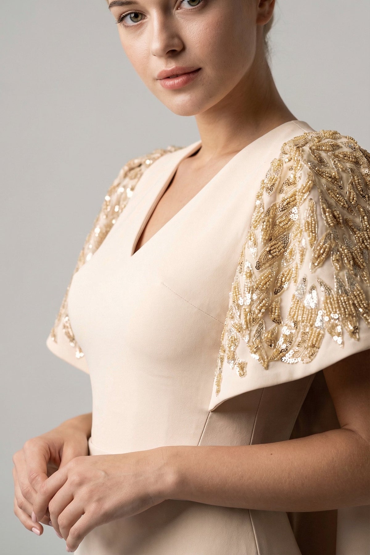 Embellished Cape-Sleeve Gown
