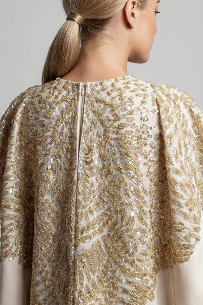 Embellished Cape-Sleeve Gown