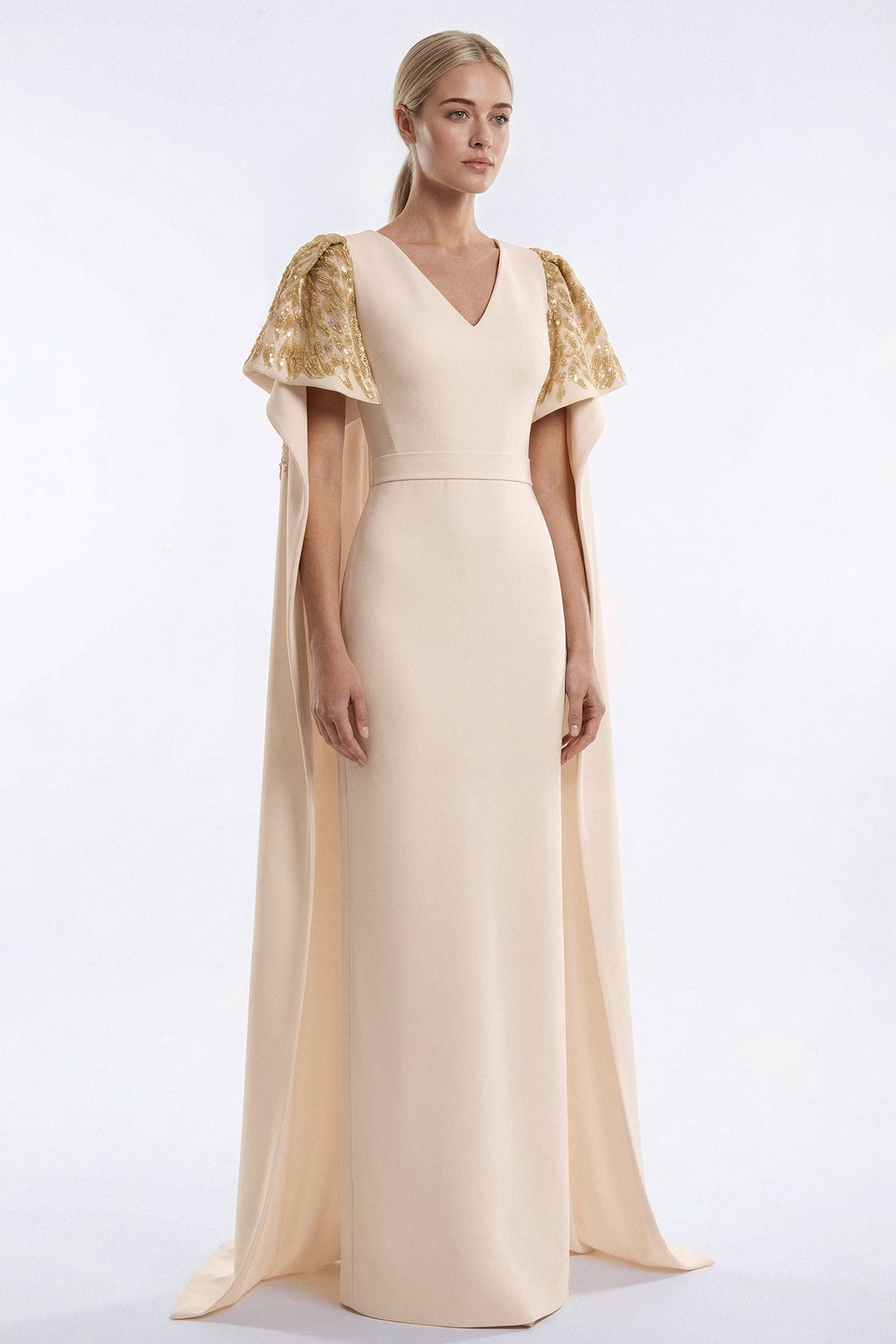 Embellished Cape-Sleeve Gown