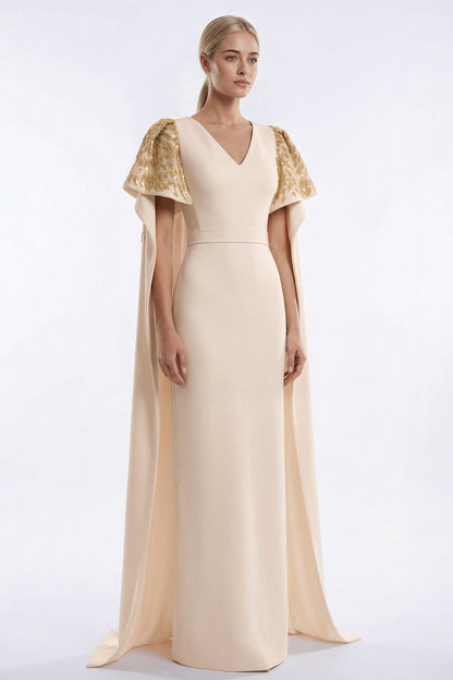 Embellished Cape-Sleeve Gown