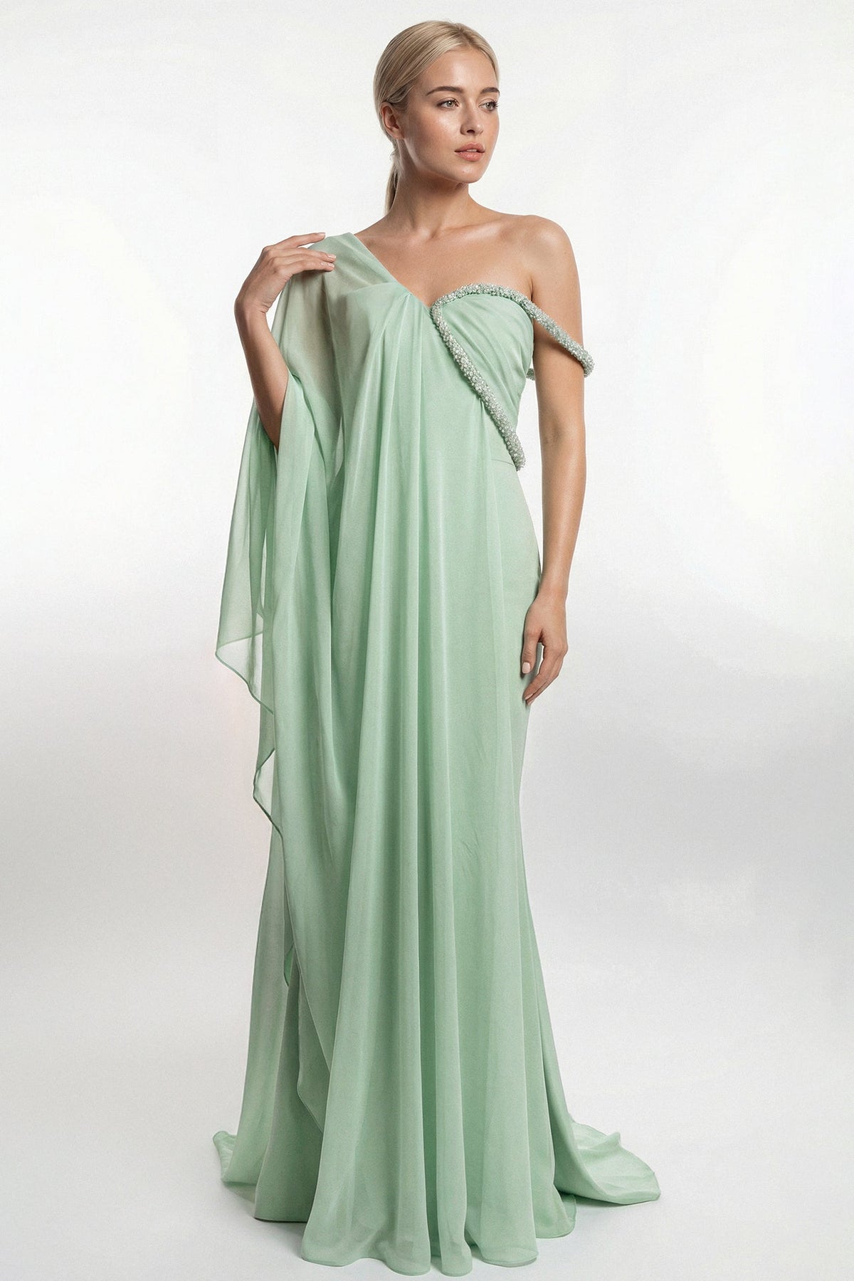 One-Shoulder Beaded Drape Gown