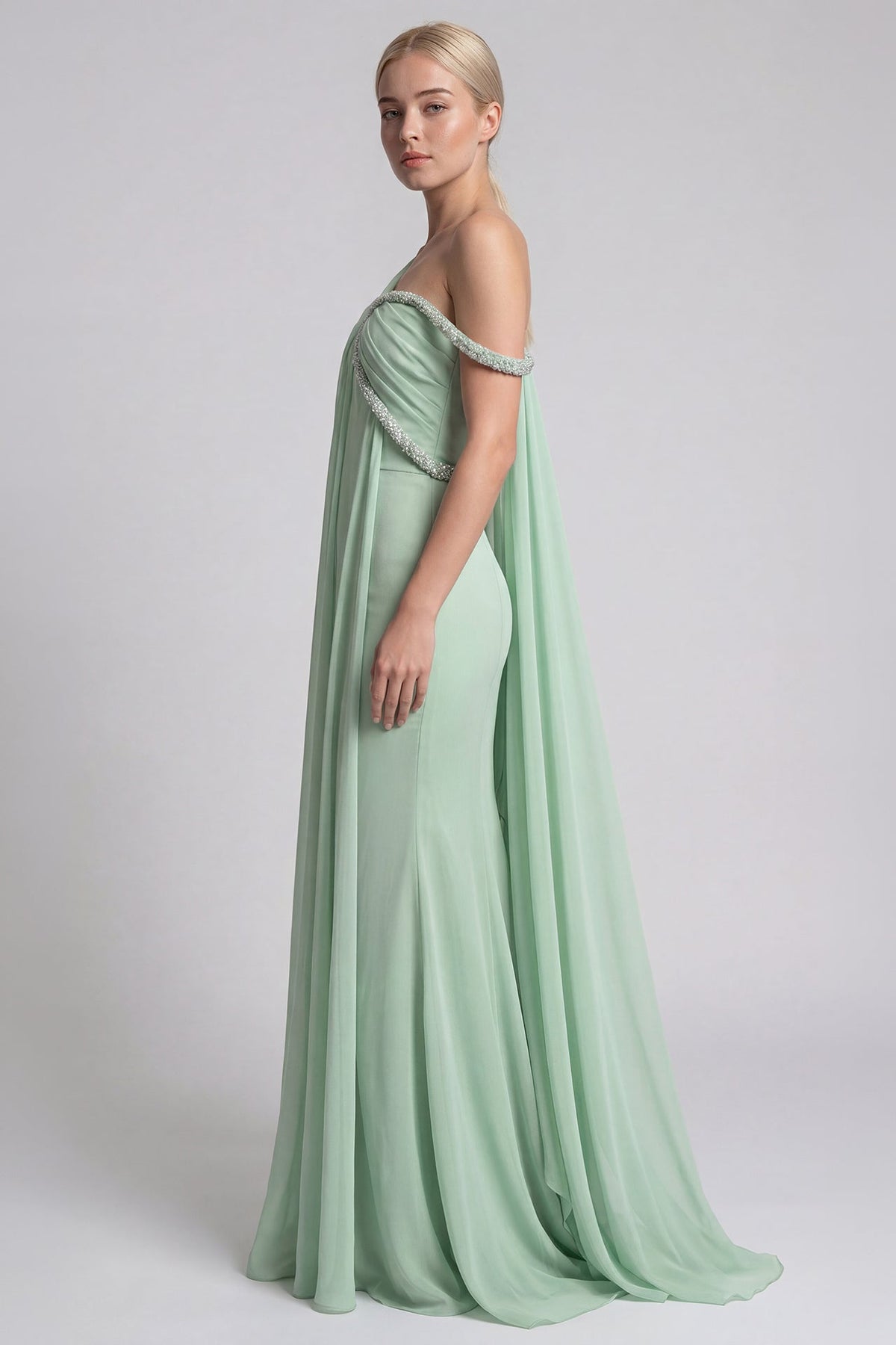 One-Shoulder Beaded Drape Gown